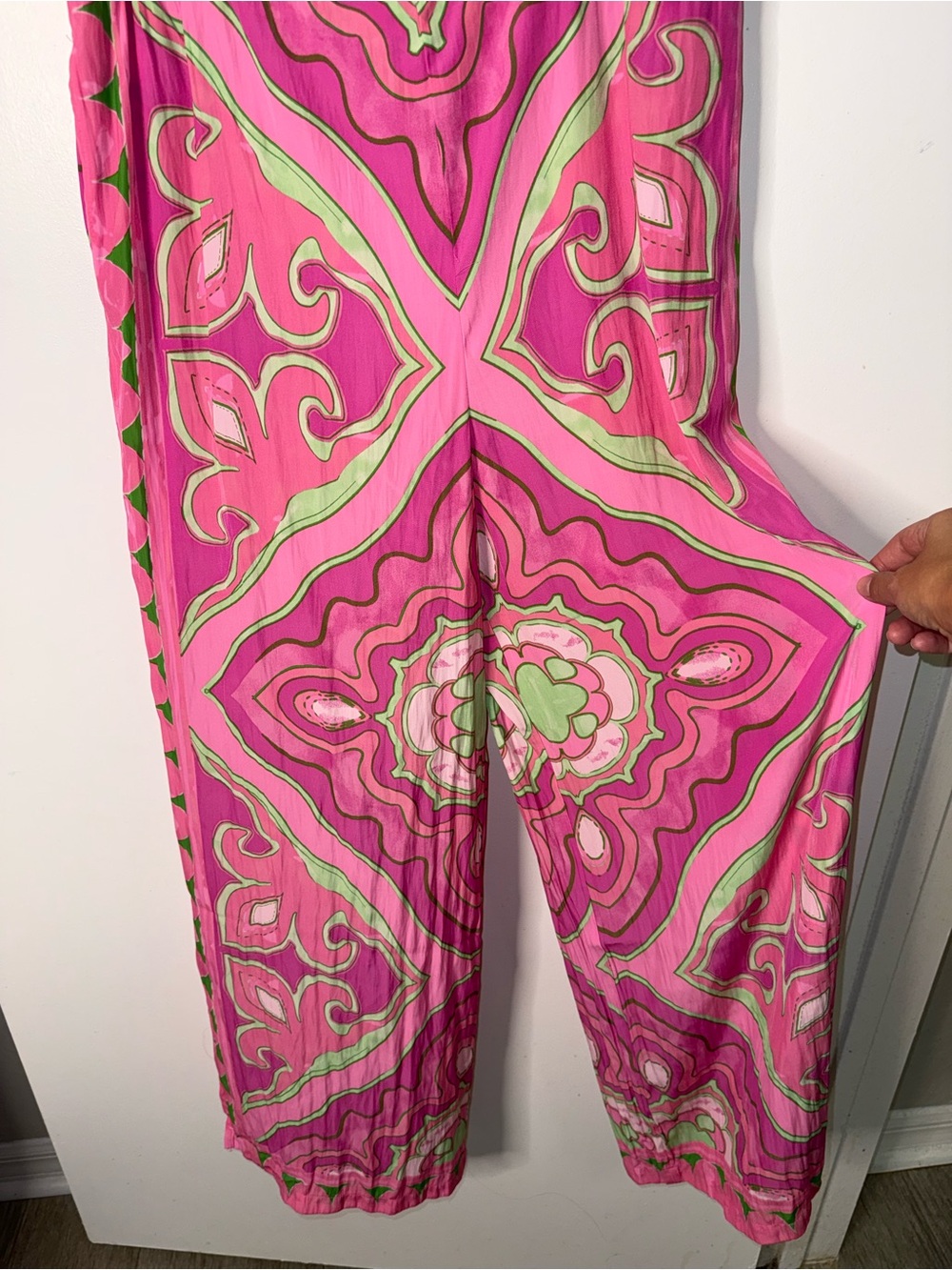 Rose + Olive Pink Green Abstract Print Wide Leg Palazzo Pants Y2K Boho Size M - Picture 2 of 4